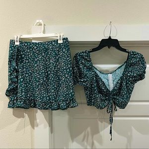 Green + Floral 2 Piece Set // Rouched Crop Top & Ruffle Skirt, Medium | Shein